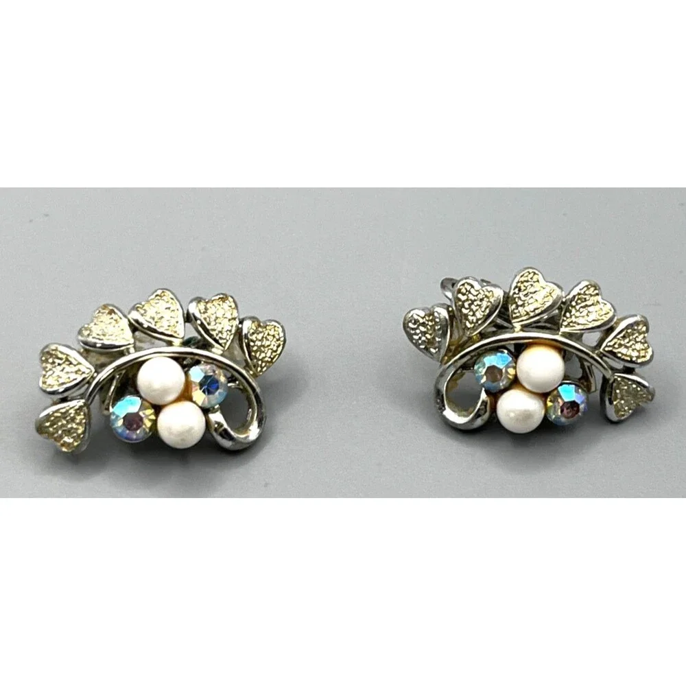 Vtg Coro Clip-On Earrings Silver Tone Hearts Rhinestone Faux Pearl Iridescent